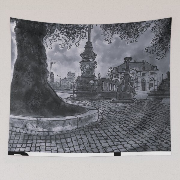 Item preview, Main Street with Golden Rider – Black and White Urban Sketch designed and sold by UMA Urban Sketch.