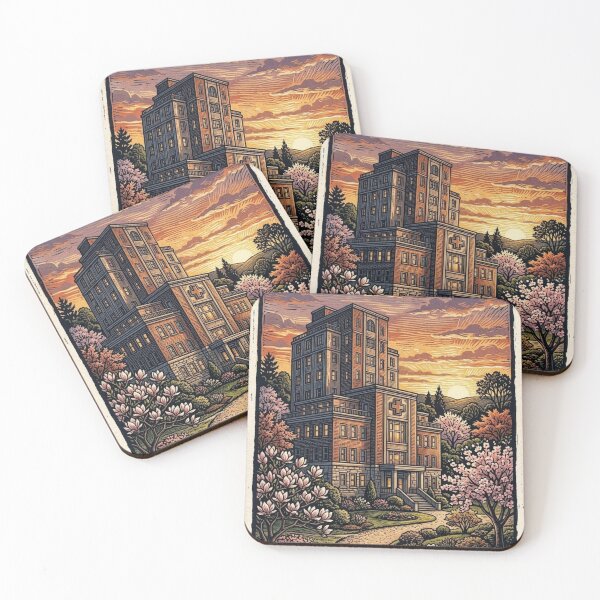 Item preview, RETRO HOSPITAL AMONG BLOOMING GARDENS ART IN THE STYLE OF A SUNSET ENGRAVING designed and sold by Curiosiart.
