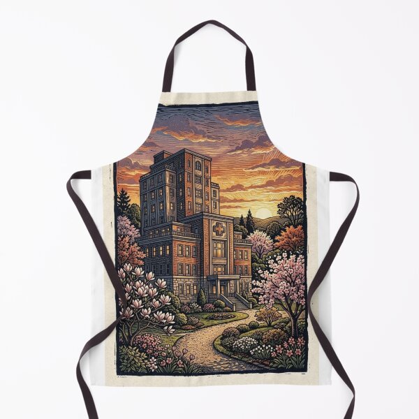 Item preview, RETRO HOSPITAL AMONG BLOOMING GARDENS ART IN THE STYLE OF A SUNSET ENGRAVING designed and sold by Curiosiart.
