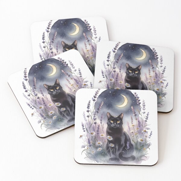 Item preview, Black Cat in Lavender Field — Witchy Cat Cottagecore Art designed and sold by DreamelleStudio.