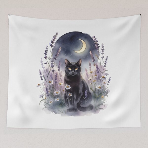 Item preview, Black Cat in Lavender Field — Witchy Cat Cottagecore Art designed and sold by DreamelleStudio.
