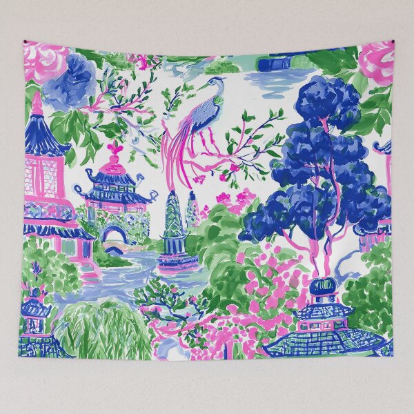 Item preview, Grandmillennial art, heron in preppy chinoiserie garden designed and sold by SophieClimaArt.