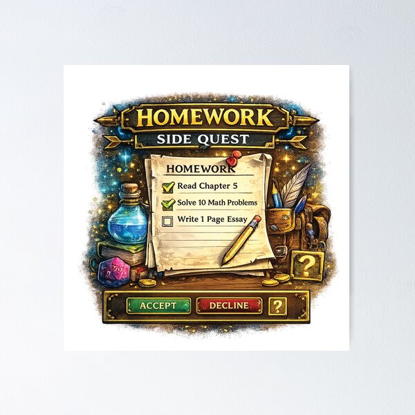 Item preview, Homework Side Quest Funny RPG Gamer School Design designed and sold by mansourhamid.