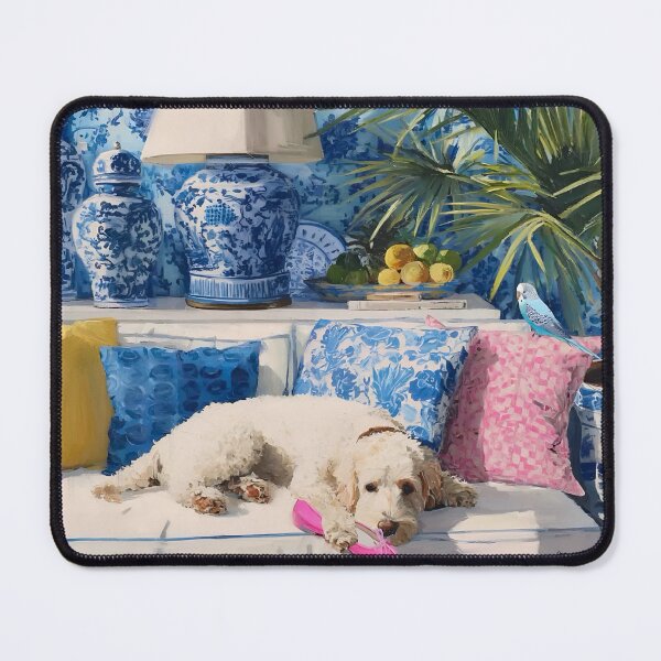 Item preview, Grandmillennial art, Thief of the pink shoe, whimsical dog art designed and sold by SophieClimaArt.