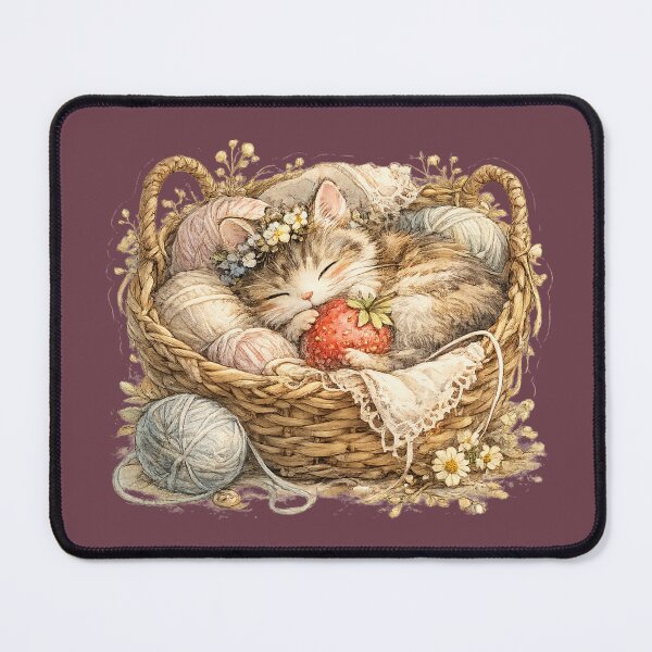Item preview, Sleeping Cottagecore Cat in Yarn Basket Watercolor Cozy Cat Lover designed and sold by MagicMakerPh.