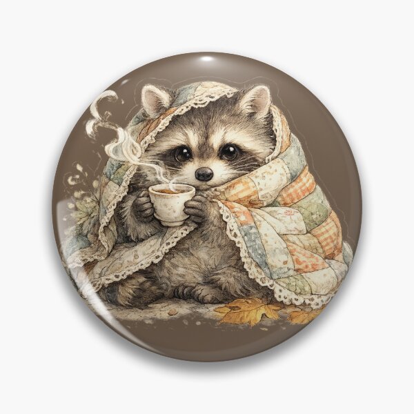 Item preview, Cozy Quilted Raccoon Drinking Tea Watercolor Cottagecore designed and sold by MagicMakerPh⭐⭐⭐⭐⭐.