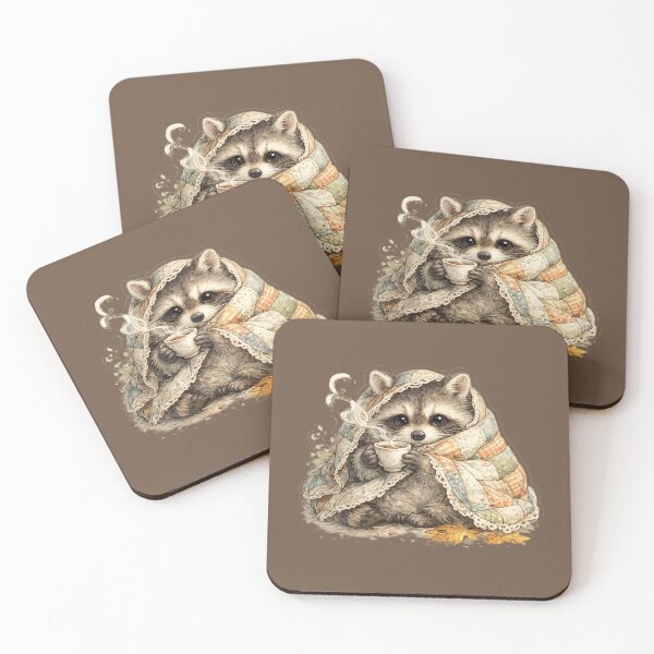 Item preview, Cozy Quilted Raccoon Drinking Tea Watercolor Cottagecore designed and sold by MagicMakerPh.