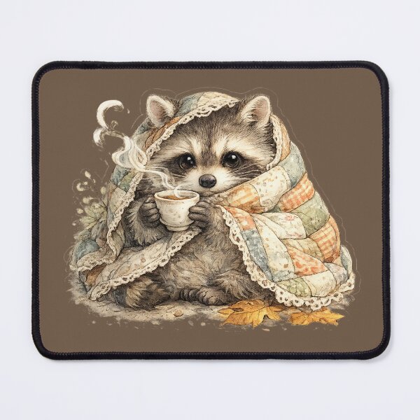 Item preview, Cozy Quilted Raccoon Drinking Tea Watercolor Cottagecore designed and sold by MagicMakerPh.
