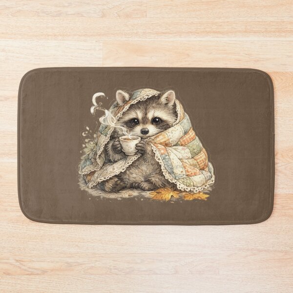 Item preview, Cozy Quilted Raccoon Drinking Tea Watercolor Cottagecore designed and sold by MagicMakerPh.