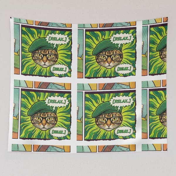 Item preview, Comic strip vintage cat in a green beret glasses relax speech bubble designed and sold by MoonlitDoodles1.