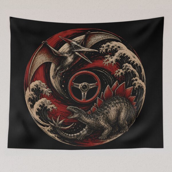 Item preview, JDM Ukiyo-e Dinosaur Circle T-Shirt | Pterodactyl Stegosaurus Wave Art designed and sold by PreeCha Art & Co..