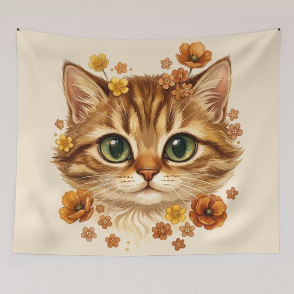 Item preview, Cute Autumn Tabby Cat with Big Green Eyes and Floral Crown | Cozy Fall Kitten Illustration designed and sold by digitalbob60.