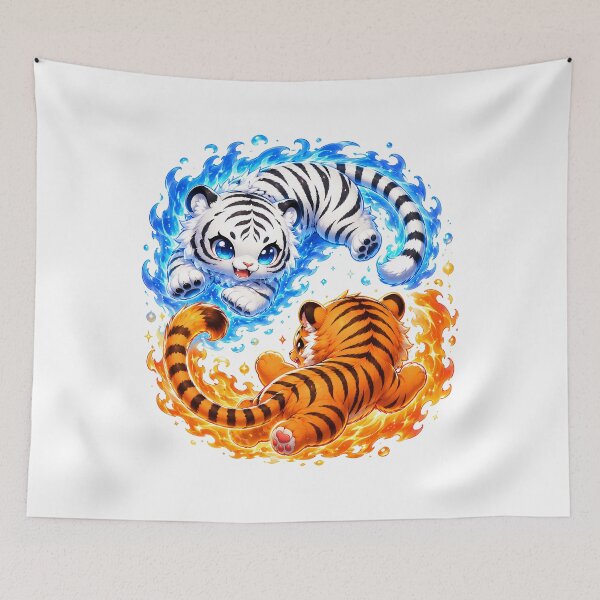 Item preview, Kawaii Fire and Ice Tigers | Cute Elemental Tiger Yin Yang Fantasy Design designed and sold by Extravanganzza.