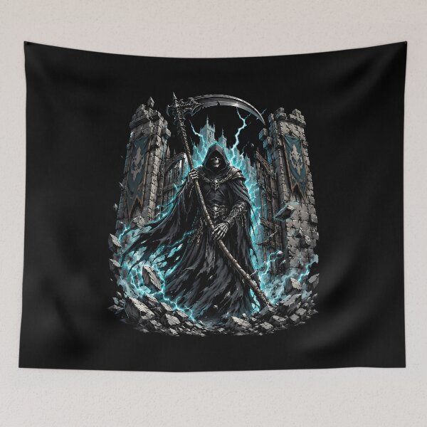 Item preview, Grim Reaper Guarding Broken Gates Under Teal Lightning designed and sold by Tong4130.