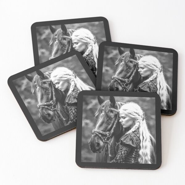 Item preview, Mystical Woman and Black Horse – Monochrome Fantasy Portrait designed and sold by inkoutninja.