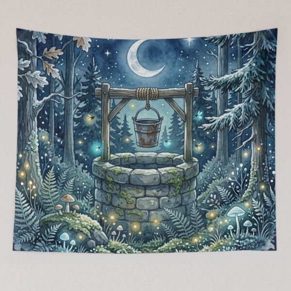 Item preview, Moonlit Woodland Well Watercolor Night Art designed and sold by CalmCapy Co.