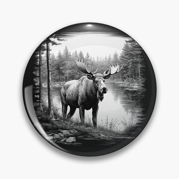 Item preview, Majestic Moose by a Forest Lake – Black and White Wildlife Art designed and sold by inkoutninja.