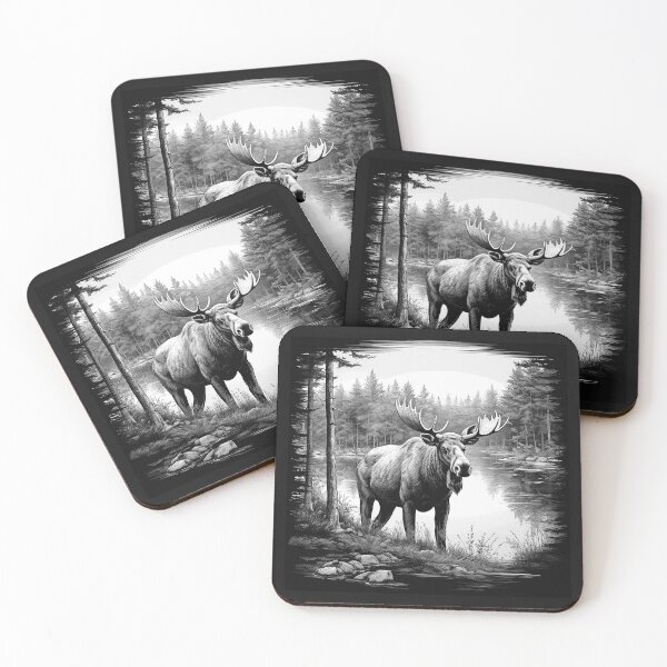 Item preview, Majestic Moose by a Forest Lake – Black and White Wildlife Art designed and sold by inkoutninja.