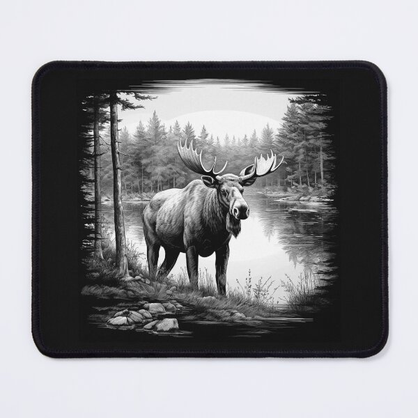 Item preview, Majestic Moose by a Forest Lake – Black and White Wildlife Art designed and sold by inkoutninja.