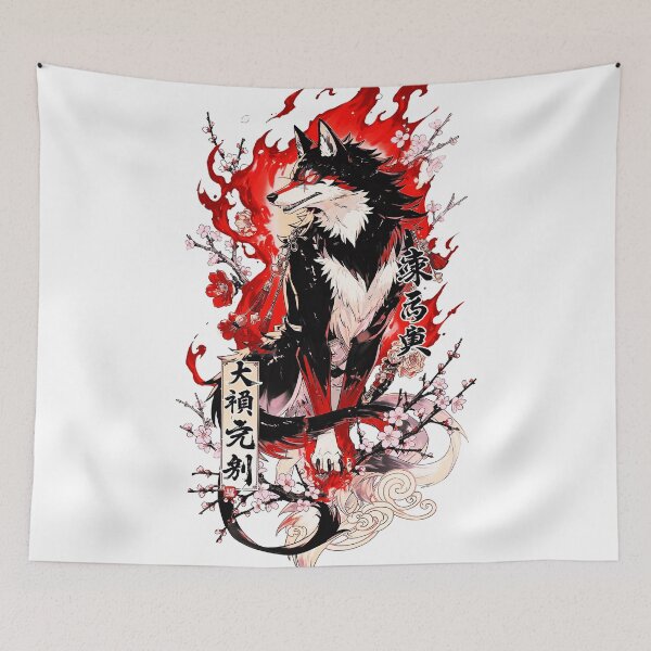 Item preview, Akai Okami Wolf – Japanese God with Red Flames and Sakura designed and sold by Tsuiho_art.