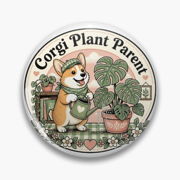 Item preview, Corgi Plant Parent Vintage Cottagecore Gardening Badge designed and sold by The Curio Cabinet.