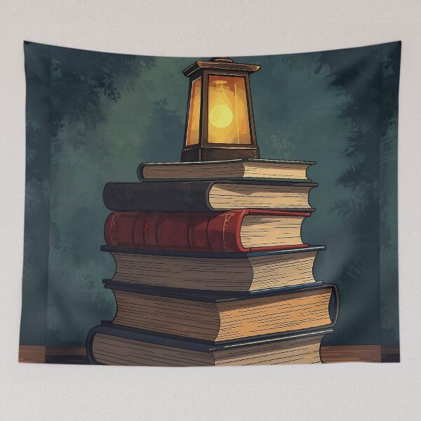 Item preview, Vintage Book Stack with Lantern Cozy Reading Illustration designed and sold by Evergreen Horizon Works.
