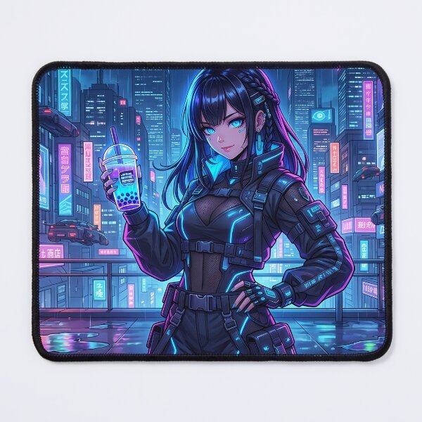 Item preview, Cyberpunk Anime Girl with Glowing Neon Boba Tea Streetwear designed and sold by jo-e-basta.