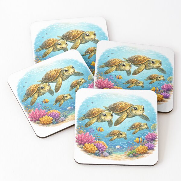 Aperçu de l'œuvre Happy Sea Turtle Family Swimming Through a Colorful Coral Reef créée et vendue par Artisan Finds Online.