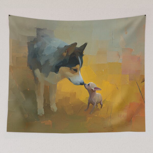 Item preview, Big Dog Little Dog Art Print | Husky and Chihuahua Nose Touch Painting | Abstract Impressionist Dog Wall Art designed and sold by ThingsCatsDo.