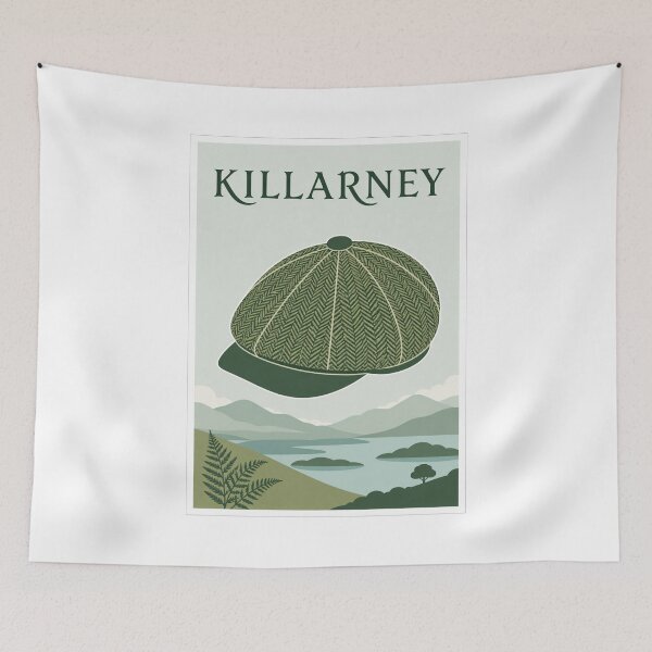 Item preview, Killarney Irish Tweed Cap Travel Poster designed and sold by Beyond Destinations.