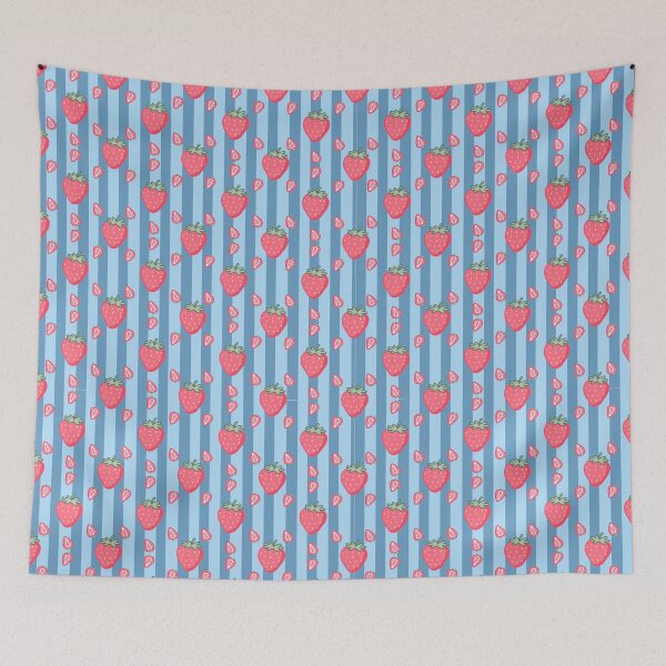 Item preview, Kawaii Strawberry Seamless pattern with blue striped background designed and sold by Sugarflumpairy2.