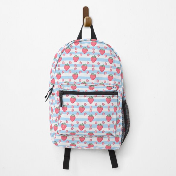 Item preview, Kawaii Strawberry Seamless pattern with blue and white striped background designed and sold by Sugarflumpairy2.