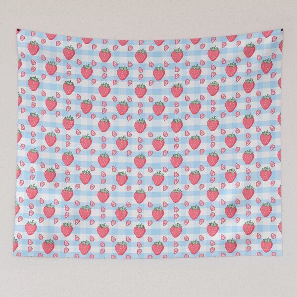 Item preview, Kawaii Strawberry Seamless pattern with blue and white gingham background designed and sold by Sugarflumpairy2.