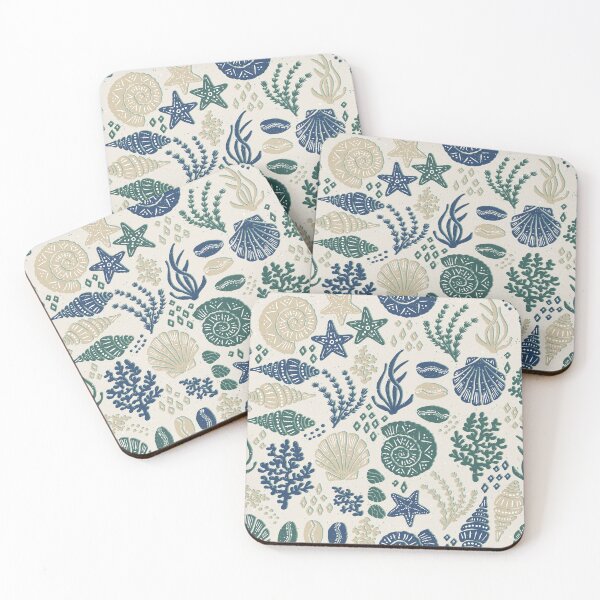 Item preview, Seashells Starfish Coral Block Print Folk Art Coastal Beach House Bathroom Blush Beige designed and sold by RenattaZare.