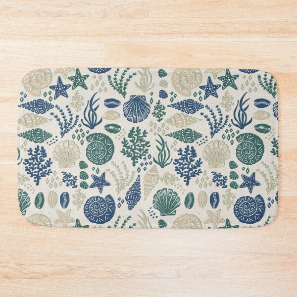 Item preview, Seashells Starfish Coral Block Print Folk Art Coastal Beach House Bathroom Blush Beige designed and sold by RenattaZare.