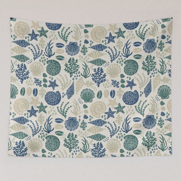 Item preview, Seashells Starfish Coral Block Print Folk Art Coastal Beach House Bathroom Blush Beige designed and sold by RenattaZare.