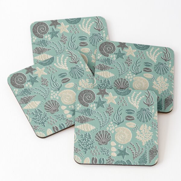Item preview, Seashells Starfish Coral Block Print Folk Art Coastal Beach House Bathroom Terracotta designed and sold by RenattaZare.