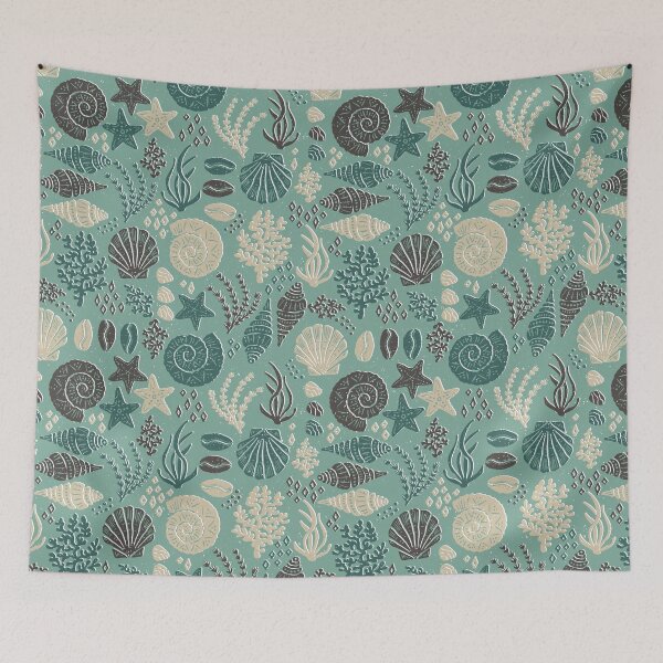 Item preview, Seashells Starfish Coral Block Print Folk Art Coastal Beach House Bathroom Terracotta designed and sold by RenattaZare.