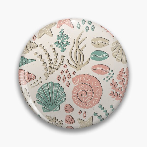 Item preview, Seashells Starfish Coral Block Print Folk Art Coastal Beach House Bathroom Stone Beige designed and sold by RenattaZare.