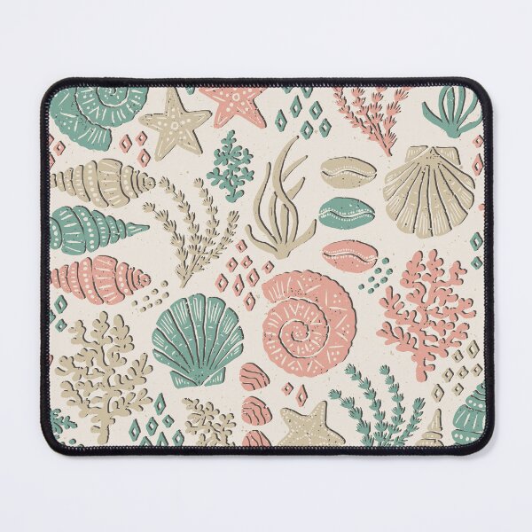 Item preview, Seashells Starfish Coral Block Print Folk Art Coastal Beach House Bathroom Stone Beige designed and sold by RenattaZare.