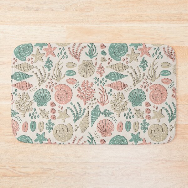 Item preview, Seashells Starfish Coral Block Print Folk Art Coastal Beach House Bathroom Stone Beige designed and sold by RenattaZare.