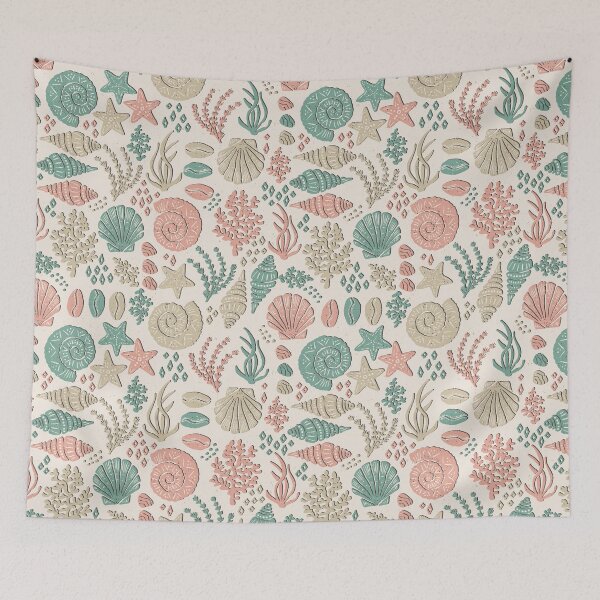 Item preview, Seashells Starfish Coral Block Print Folk Art Coastal Beach House Bathroom Stone Beige designed and sold by RenattaZare.