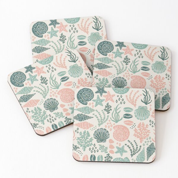 Item preview, Seashells Starfish Coral Block Print Folk Art Coastal Beach House Bathroom Soft Ivory designed and sold by RenattaZare.
