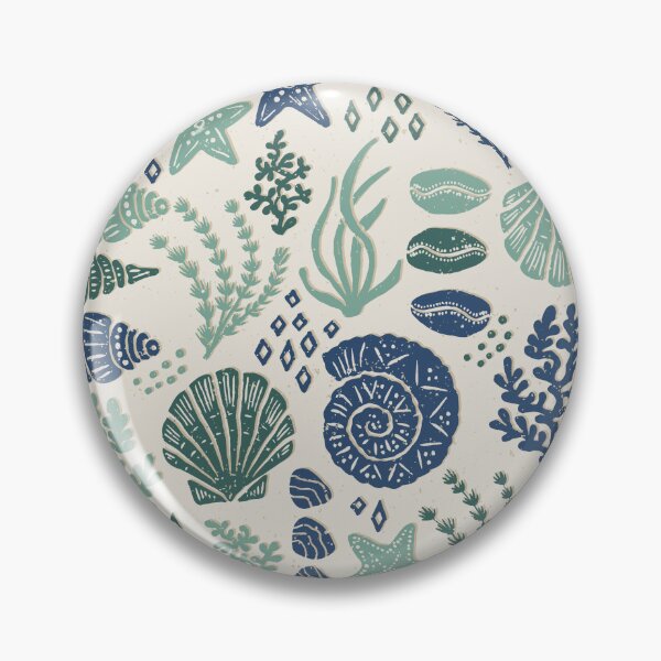 Item preview, Seashells Starfish Coral Block Print Folk Art Coastal Beach House Bathroom Muted Teal designed and sold by RenattaZare.