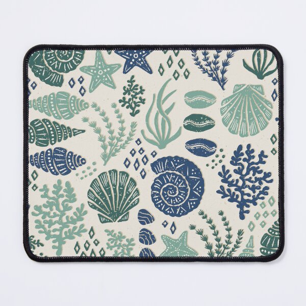 Item preview, Seashells Starfish Coral Block Print Folk Art Coastal Beach House Bathroom Muted Teal designed and sold by RenattaZare.