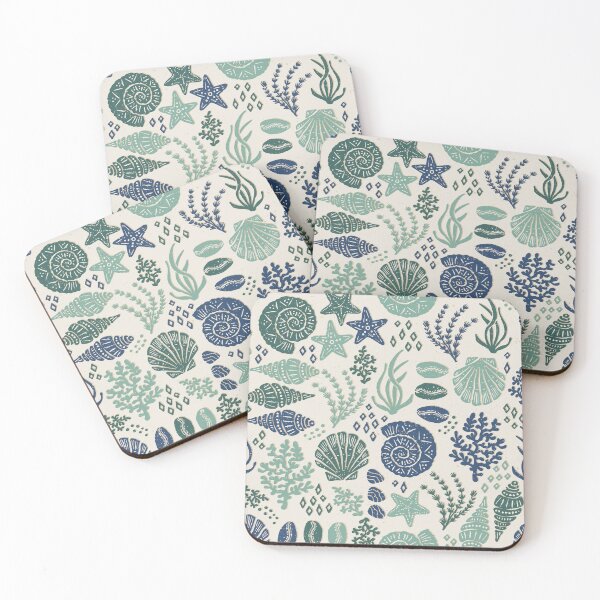 Item preview, Seashells Starfish Coral Block Print Folk Art Coastal Beach House Bathroom Muted Teal designed and sold by RenattaZare.
