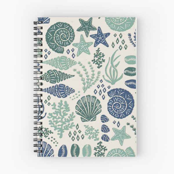 Item preview, Seashells Starfish Coral Block Print Folk Art Coastal Beach House Bathroom Muted Teal designed and sold by RenattaZare.