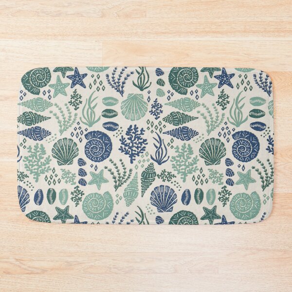 Item preview, Seashells Starfish Coral Block Print Folk Art Coastal Beach House Bathroom Muted Teal designed and sold by RenattaZare.