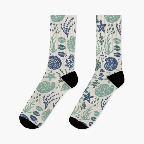 Item preview, Seashells Starfish Coral Block Print Folk Art Coastal Beach House Bathroom Muted Teal designed and sold by RenattaZare.