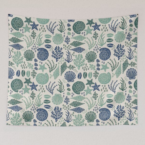 Item preview, Seashells Starfish Coral Block Print Folk Art Coastal Beach House Bathroom Muted Teal designed and sold by RenattaZare.